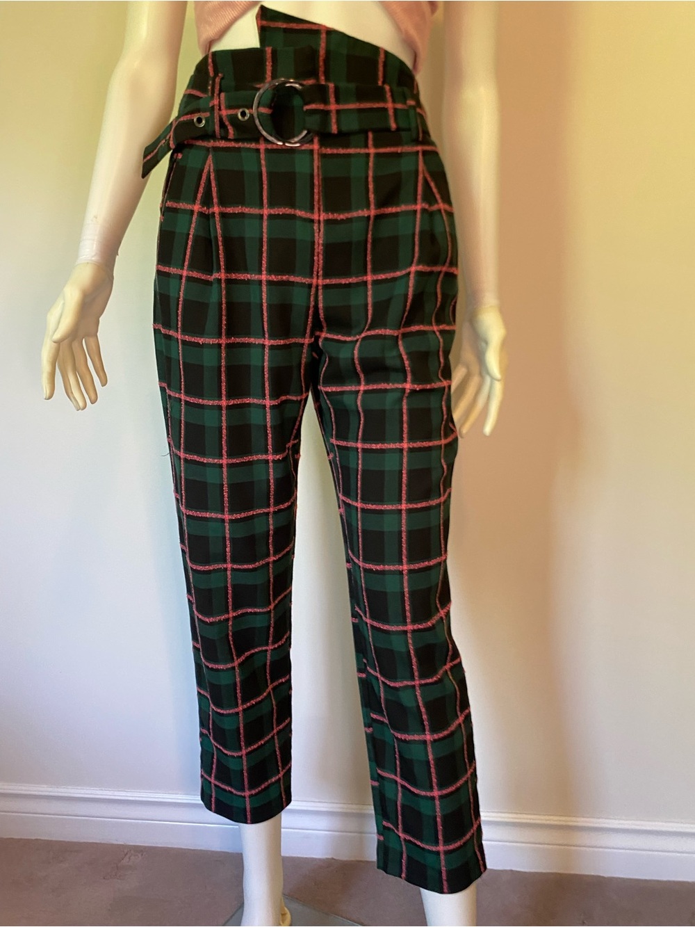 Topshop Dark Green Plaid Cropped Trousers with Pink Windowpane Belt